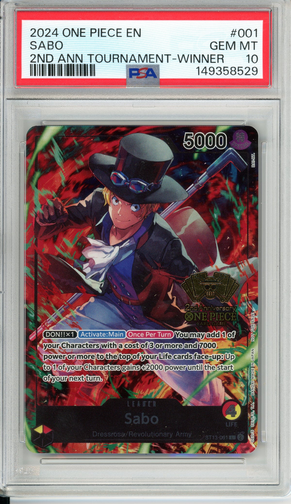 One Piece Graded: Sabo ST13-001 2nd Anniversary Tournament Winner PSA 10