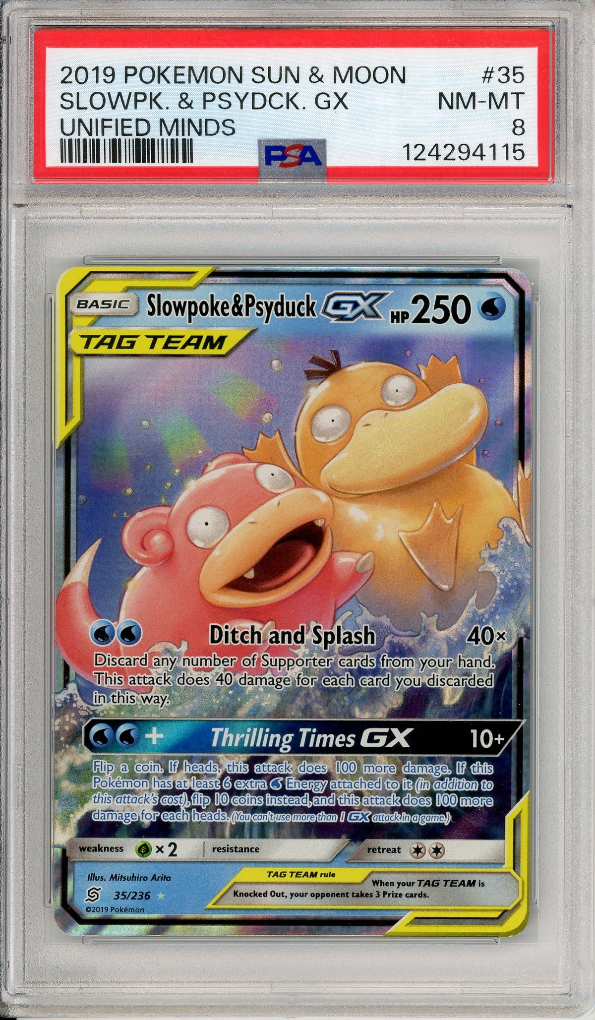 Pokemon Graded: Slowpoke & Psyduck GX 35/236 Unified Minds (2019) Holo PSA 8