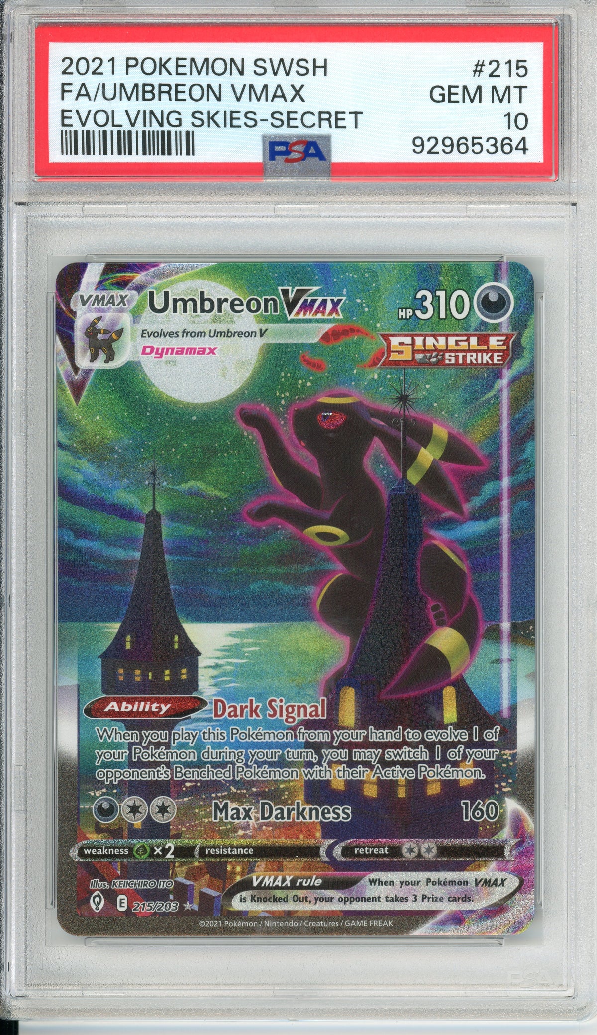 Pokemon Graded: Umbreon 215/203 Evolving Skies (2021) Secret Rare PSA 10