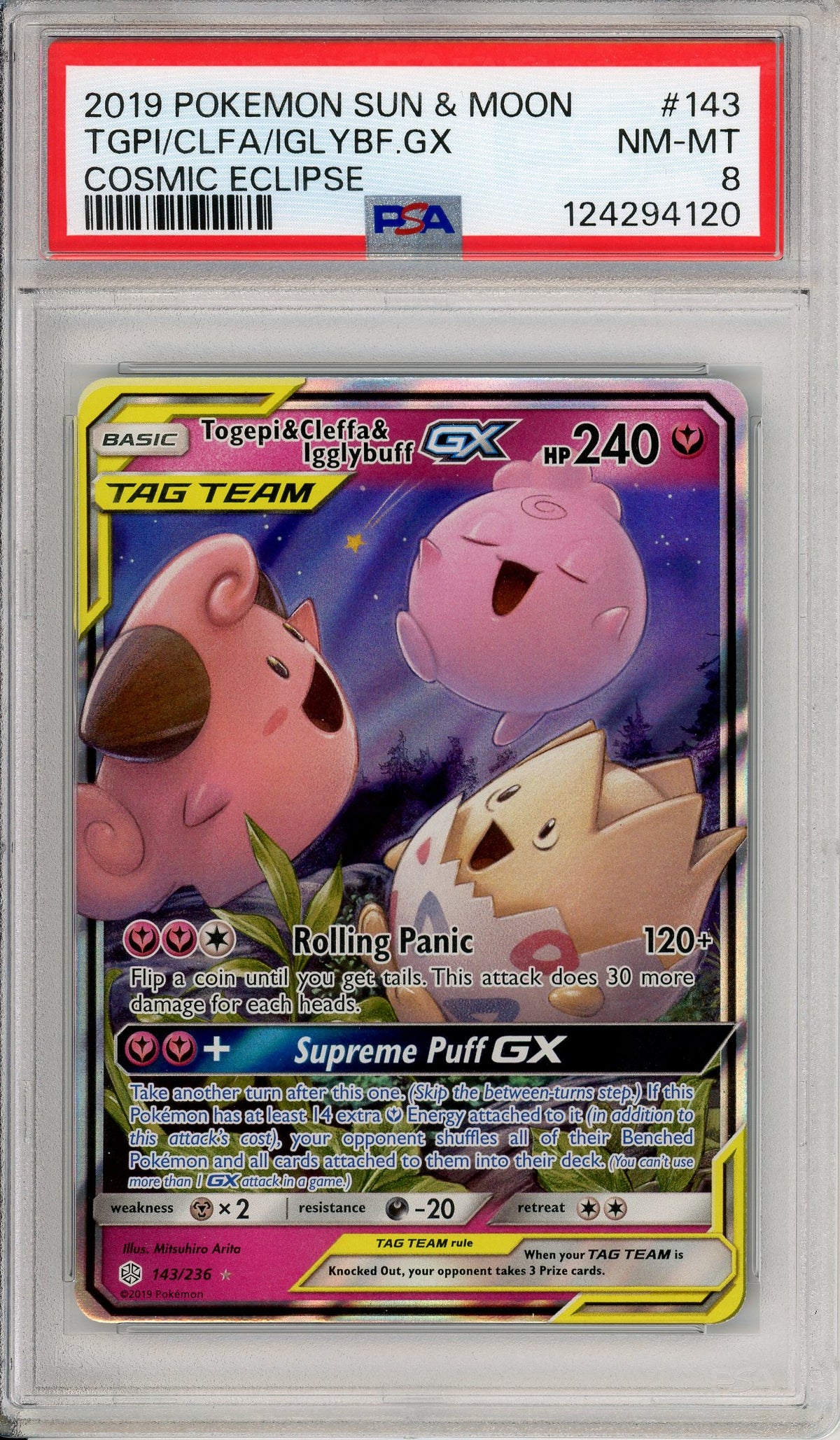 Pokemon Graded: Togepi & Cleffa & Igglybuff GX 143/236 Cosmic Eclipse (2019) Holo PSA 8