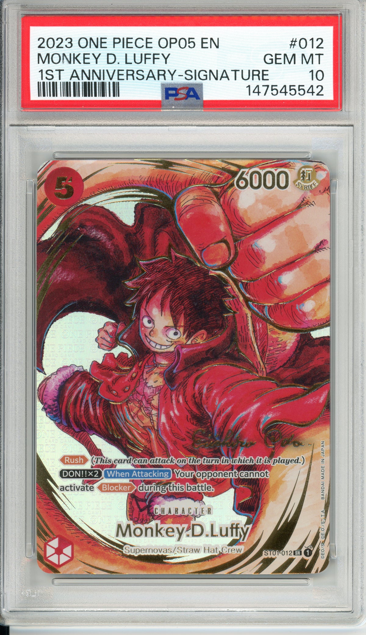 Pokemon Graded: Monkey D. Luffy ST01-012 1st Anniversary Signature PSA 10