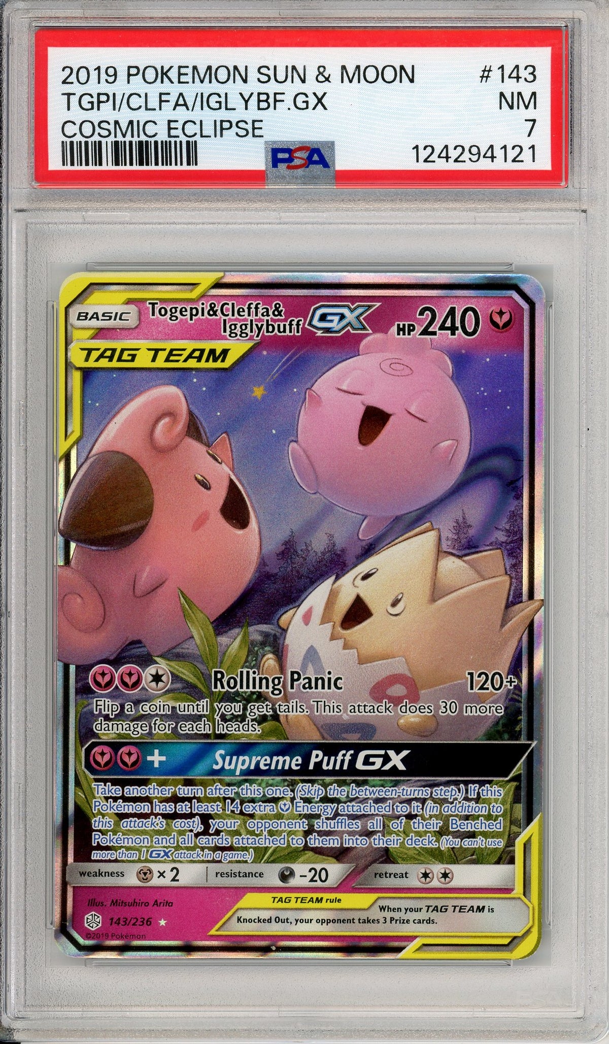 Pokemon Graded: Togepi & Cleffa & Igglybuff GX 143/236 Cosmic Eclipse (2019) Holo PSA 7