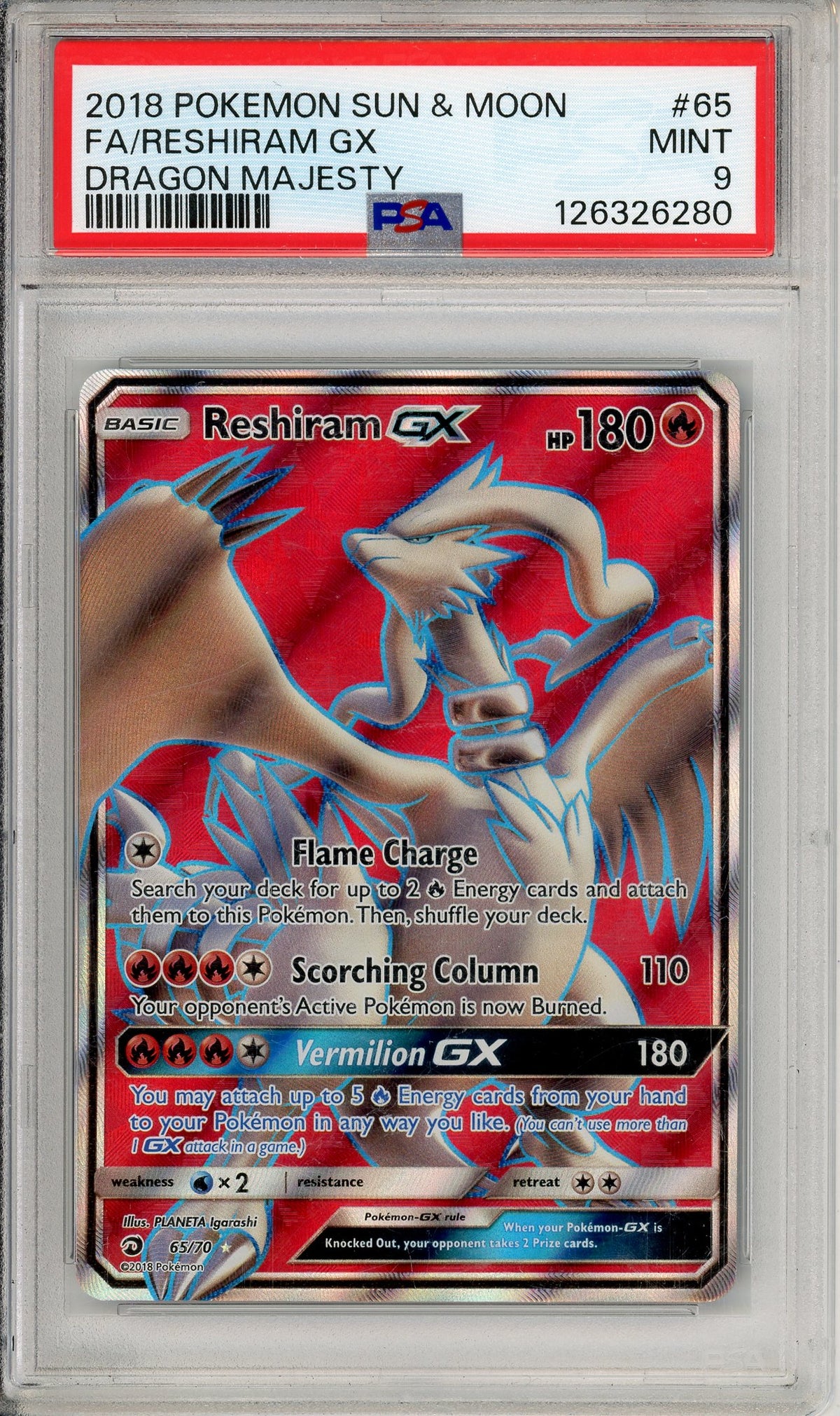 Pokemon Graded: Reshiram GX 65/70 Dragon Majesty (2018) Full Art Holo PSA 9