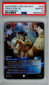 Lorcana Garded: Cruella De Vil Style Icon 236/204 Enchanted (2025) PSA 10