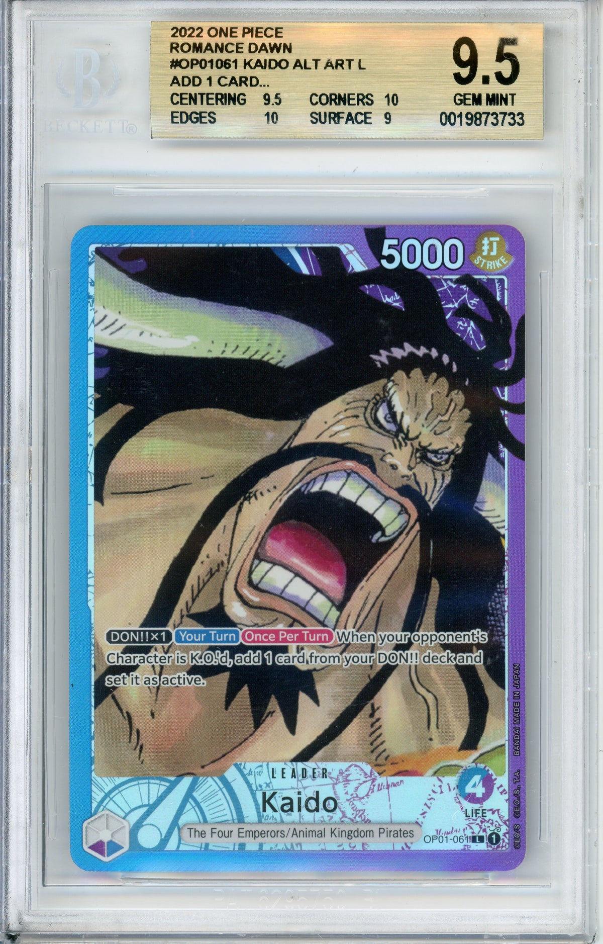 One Piece Graded: Kaido OP01-061 Alt Art Pre-Errata (2022) Beckett 9.5