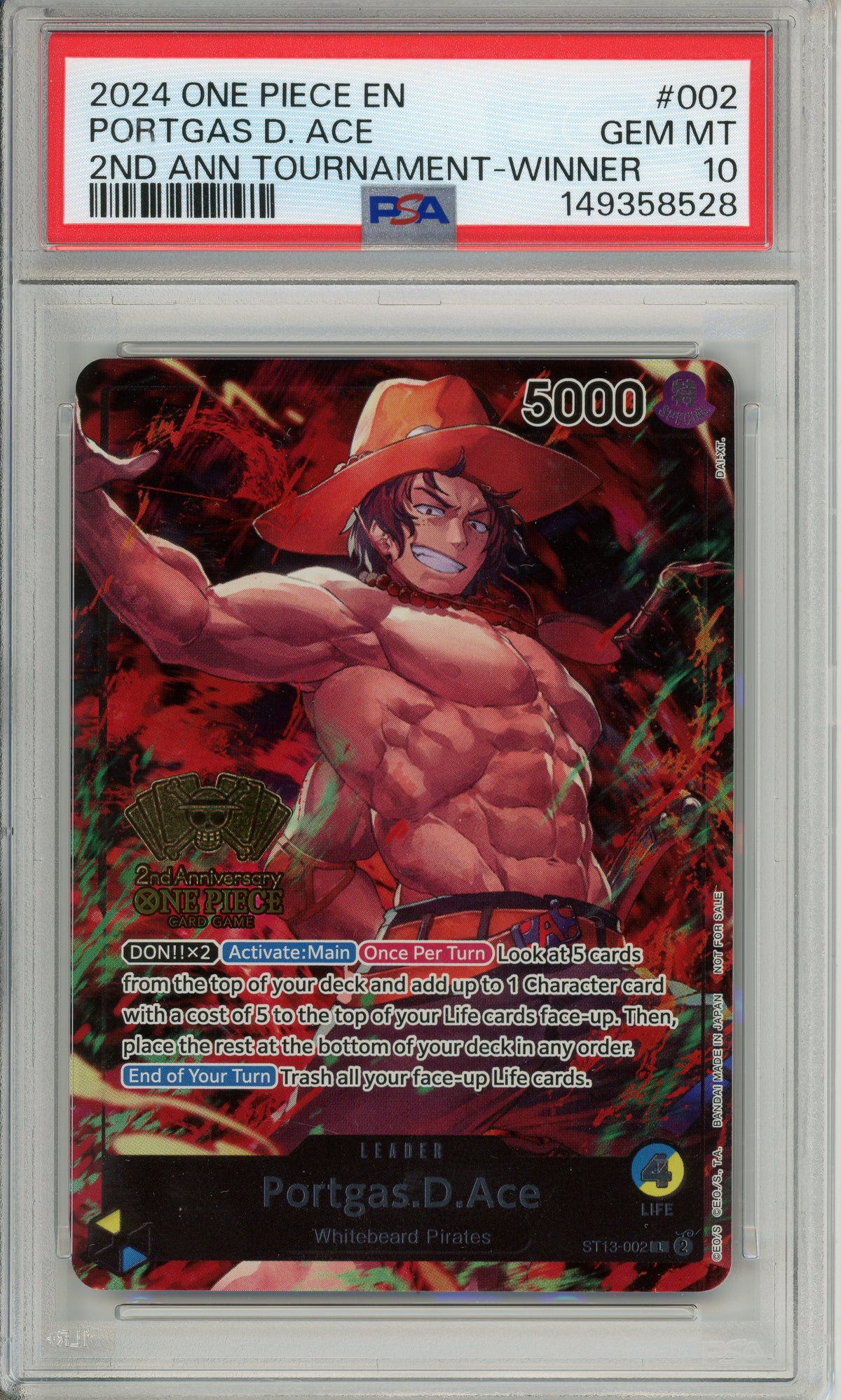 One Piece Graded: Portgas D. Ace ST13-002 2nd Anniversary Tournament Winner PSA 10