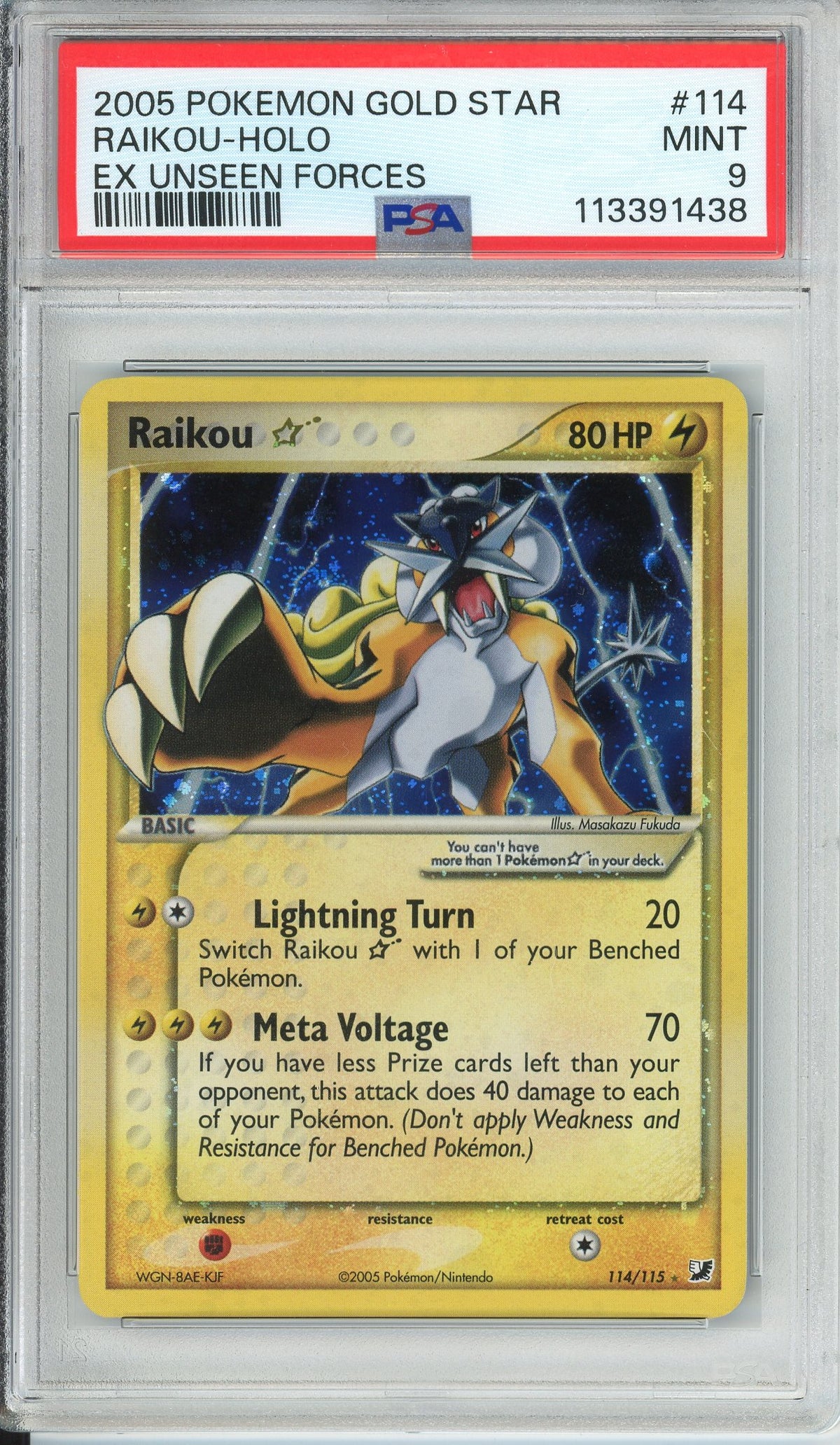 Pokemon Graded: Raikou Gold Star 114/115 Ex Unseen Forces (2005) PSA 9 Holo