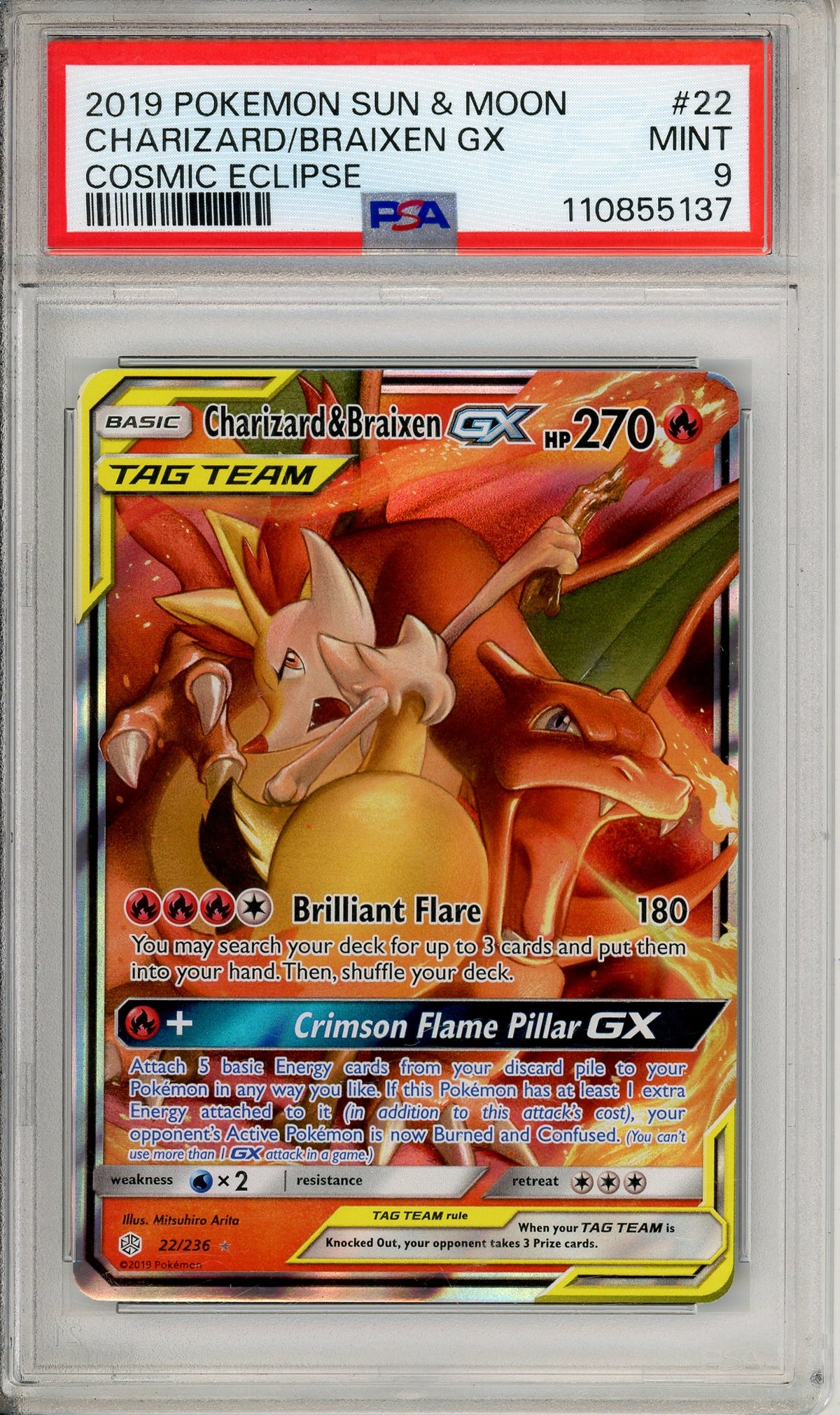 Pokemon Graded: Charizard & Braixen GX 22/236 Cosmic Eclipse (2019) Holo PSA 9