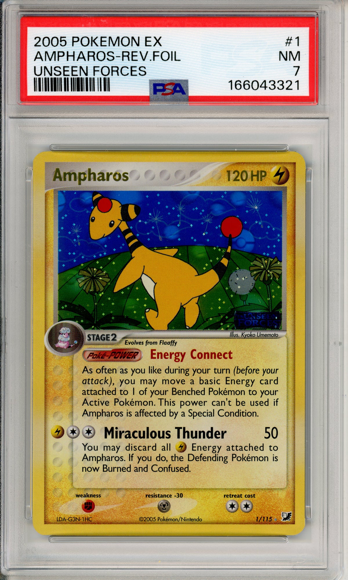 Pokemon Graded: Ampharos 1/115 Unseen Forces (2005) Reverse Foil PSA 7