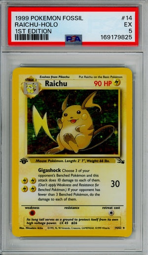 Pokemon Graded: Raichu 1st Edition 14/62 Fossil (1999) Holo PSA 5