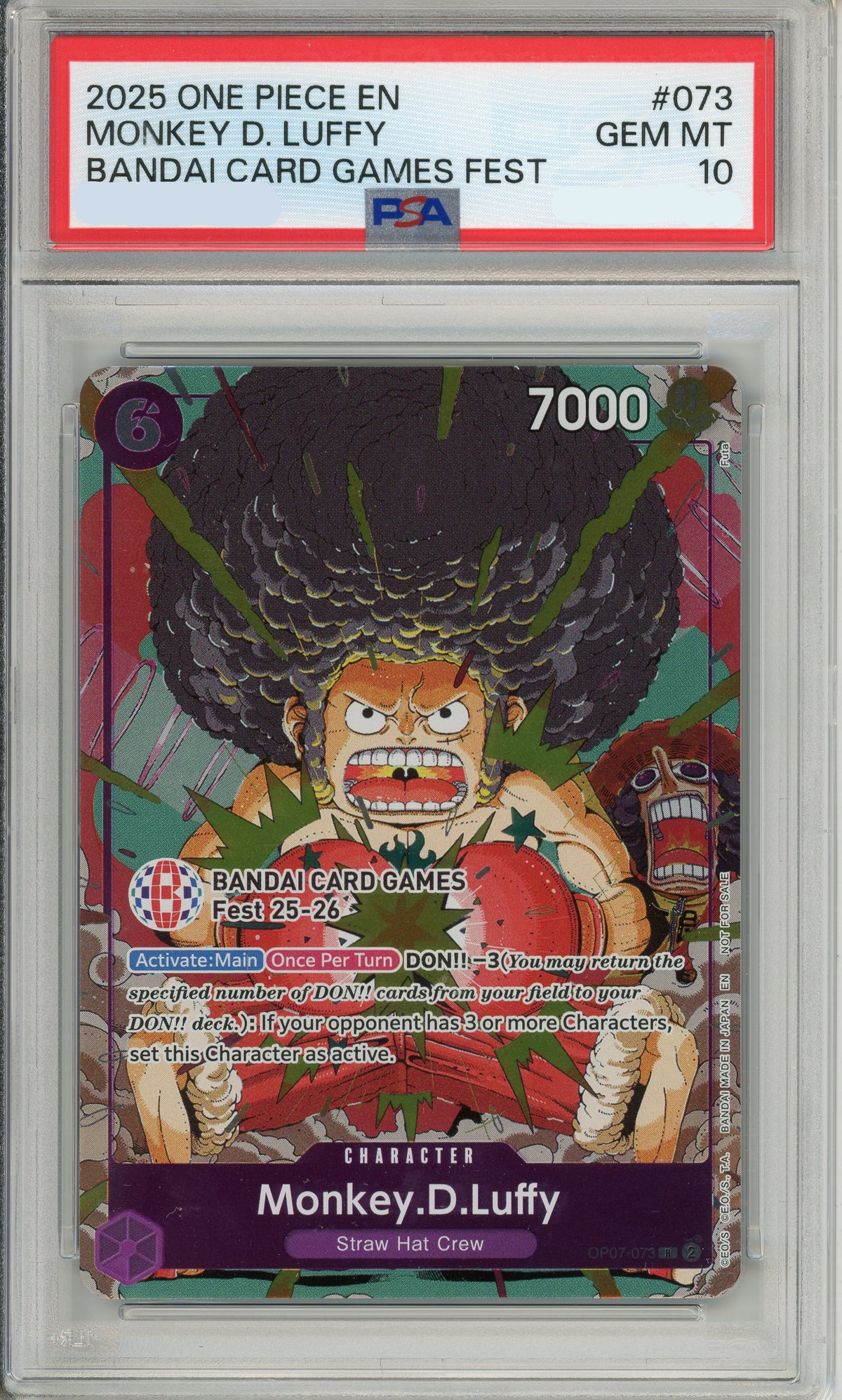 One Piece Graded: Monkey D. Luffy OP07-073 Bandai Card Game Fest 2025 PSA 10