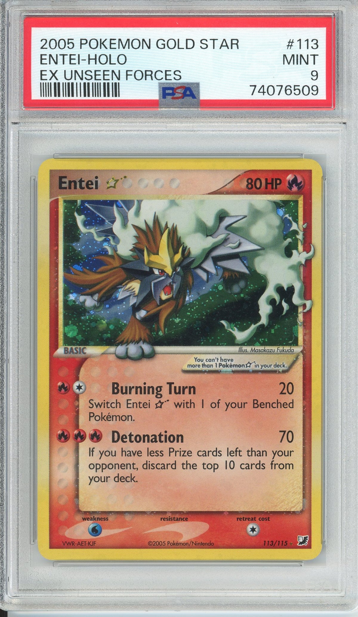 Pokemon Graded: Entei Gold Star 113/115 Ex Unseen Forces (2005) PSA 9