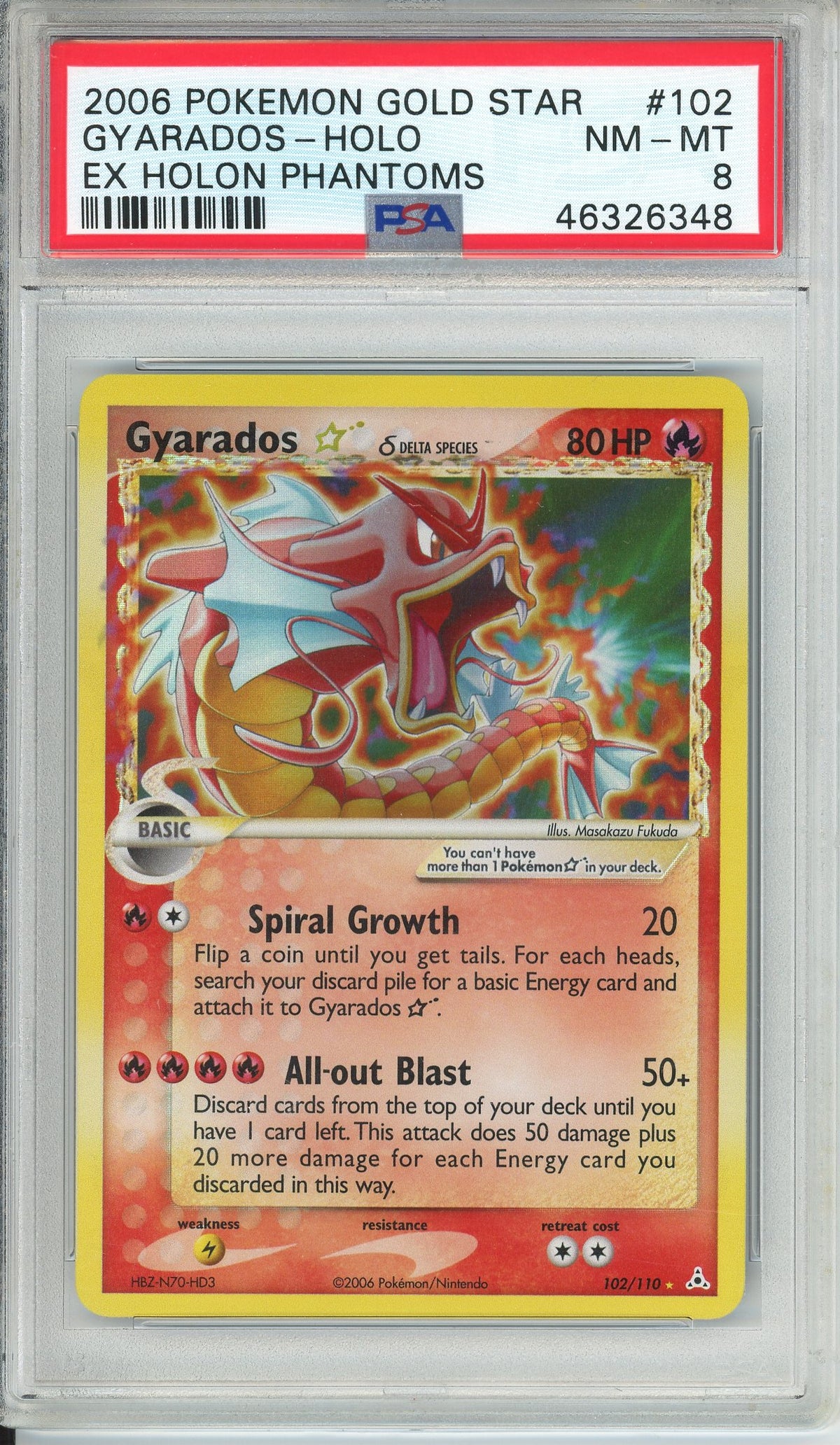 Pokemon Graded: Gyarados Gold Star 102/110 Ex Holon Phantoms (2006) PSA 8