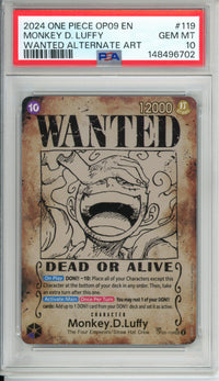 One Piece Graded: Monkey D. Luffy Wanted Poster Alt Art OP05-119 Emperors in the New World PSA 10