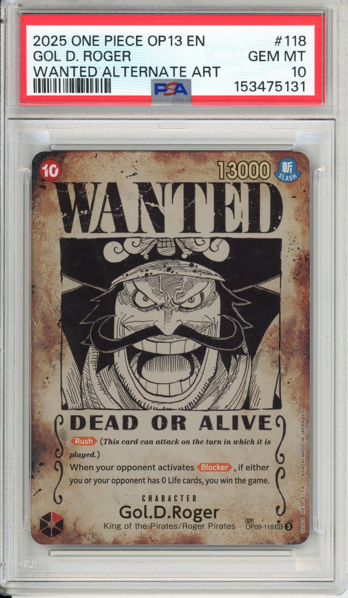 One Piece Graded: Gol D. Roger Wanted Poster OP09-118 Carrying On His Will PSA 10