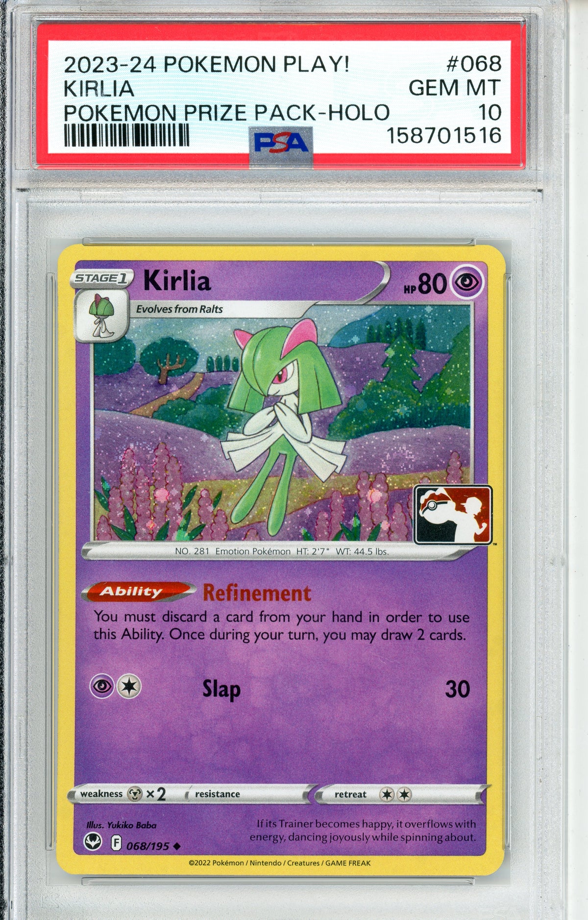 Pokemon Graded: Kirlia #068 2023-2024 Pokemon Play Prize Pack Holo PSA 10