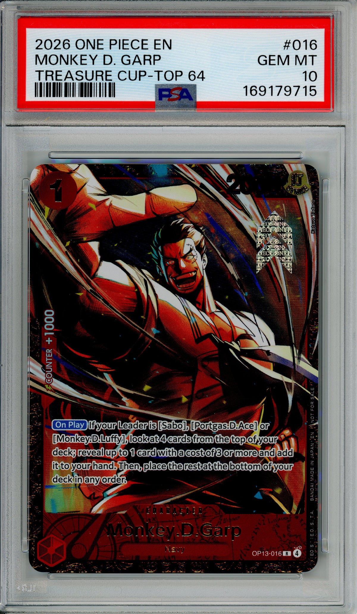 One Piece Graded: Monkey D. Garp OP13-016 Treasure Cup Top 64 (2026) PSA 10