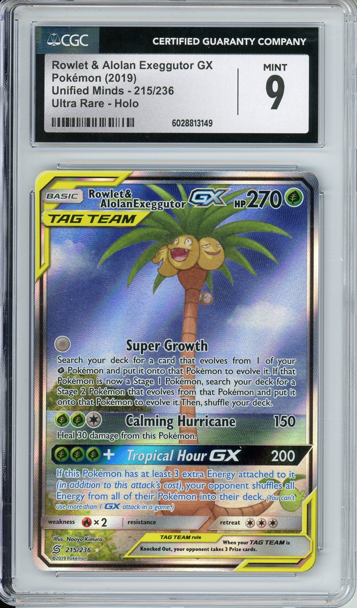 Pokemon Graded: Rowlet & Alolan Exeggutor GX 215/136 Unified Minds (2019) Holo Rare CGC 9