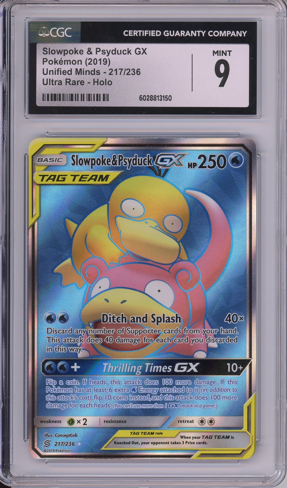Pokemon Graded: Slowpoke & Psyduck GX 217/236 Unified Minds (2019) Ultra Rare Holo CGC 9