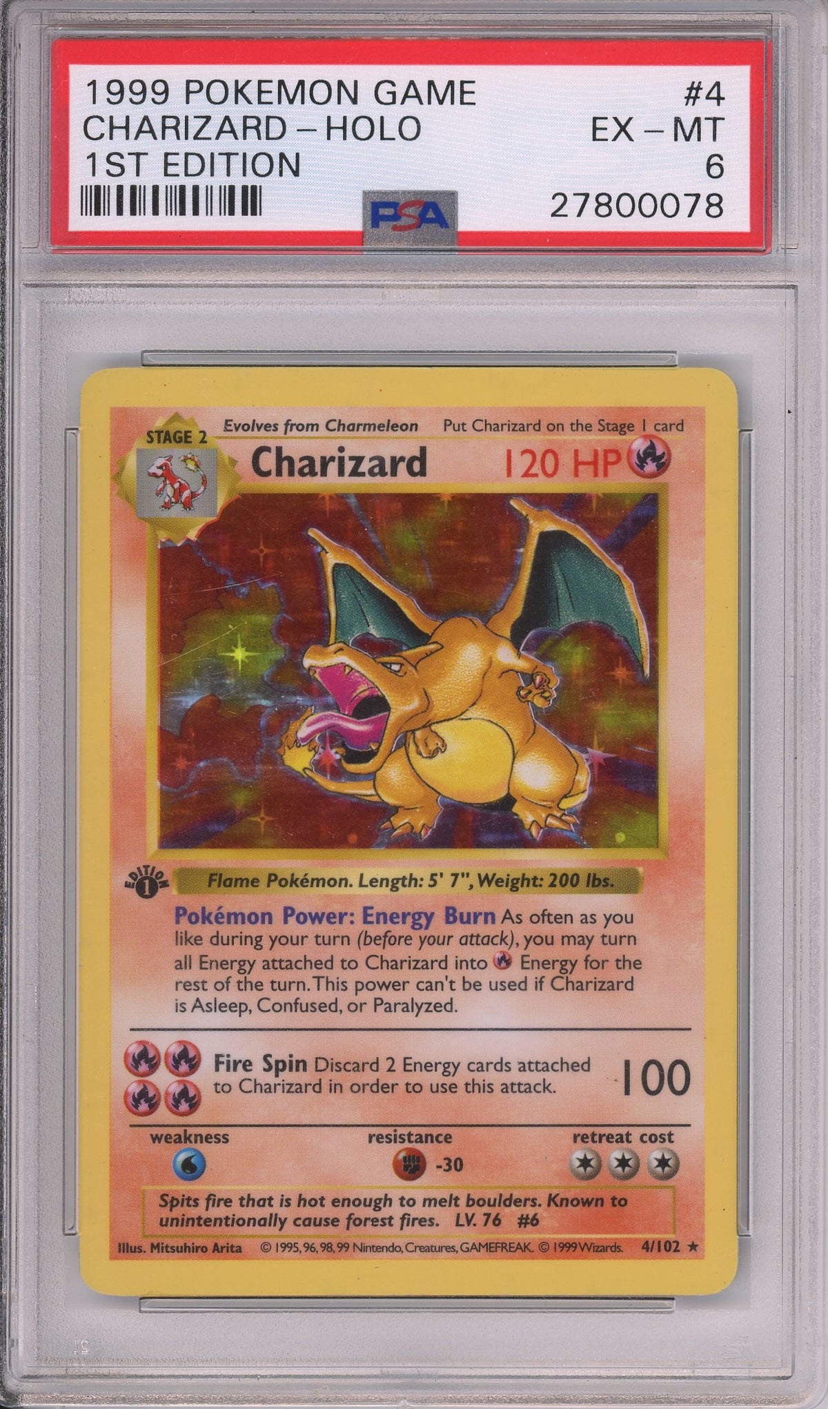 Pokemon Graded: Charizard 1st Edition 4/102 Base Set Shadowless (1999) Holo PSA 6 Pokemon Graded: Charizard 1st Edition 4/102 Base Set Shadowless (1999) Holo PSA 6