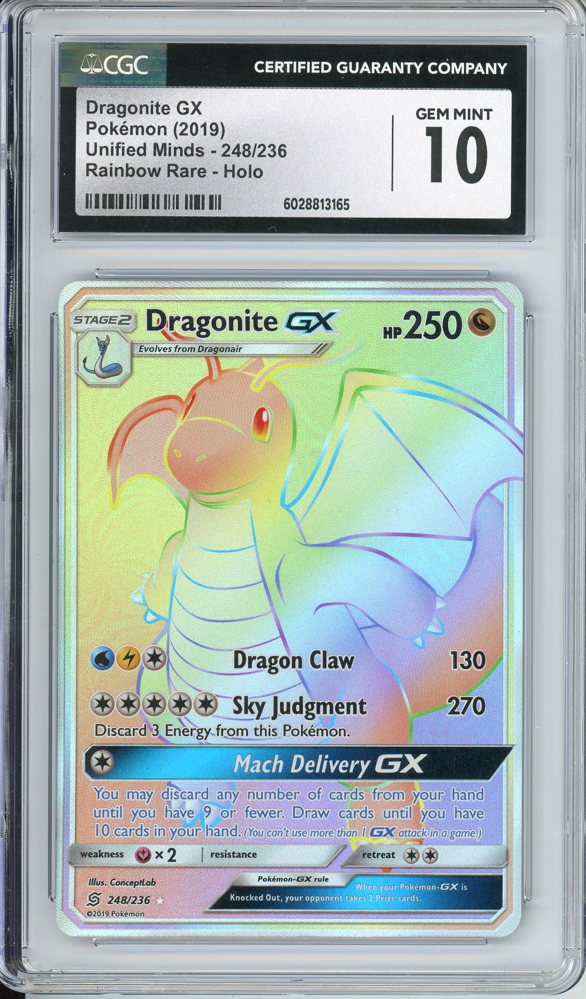 Pokemon Graded: Dragonite GX 248/246 Unified Minds (2019) Rainbow Rare Holo CGC 10