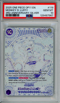 One Piece Graded: Monkey D. Luffy OP11 3rd Anniversary Silver (2025) PSA 10