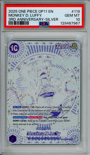 One Piece Graded: Monkey D. Luffy OP11 3rd Anniversary Silver (2025) PSA 10