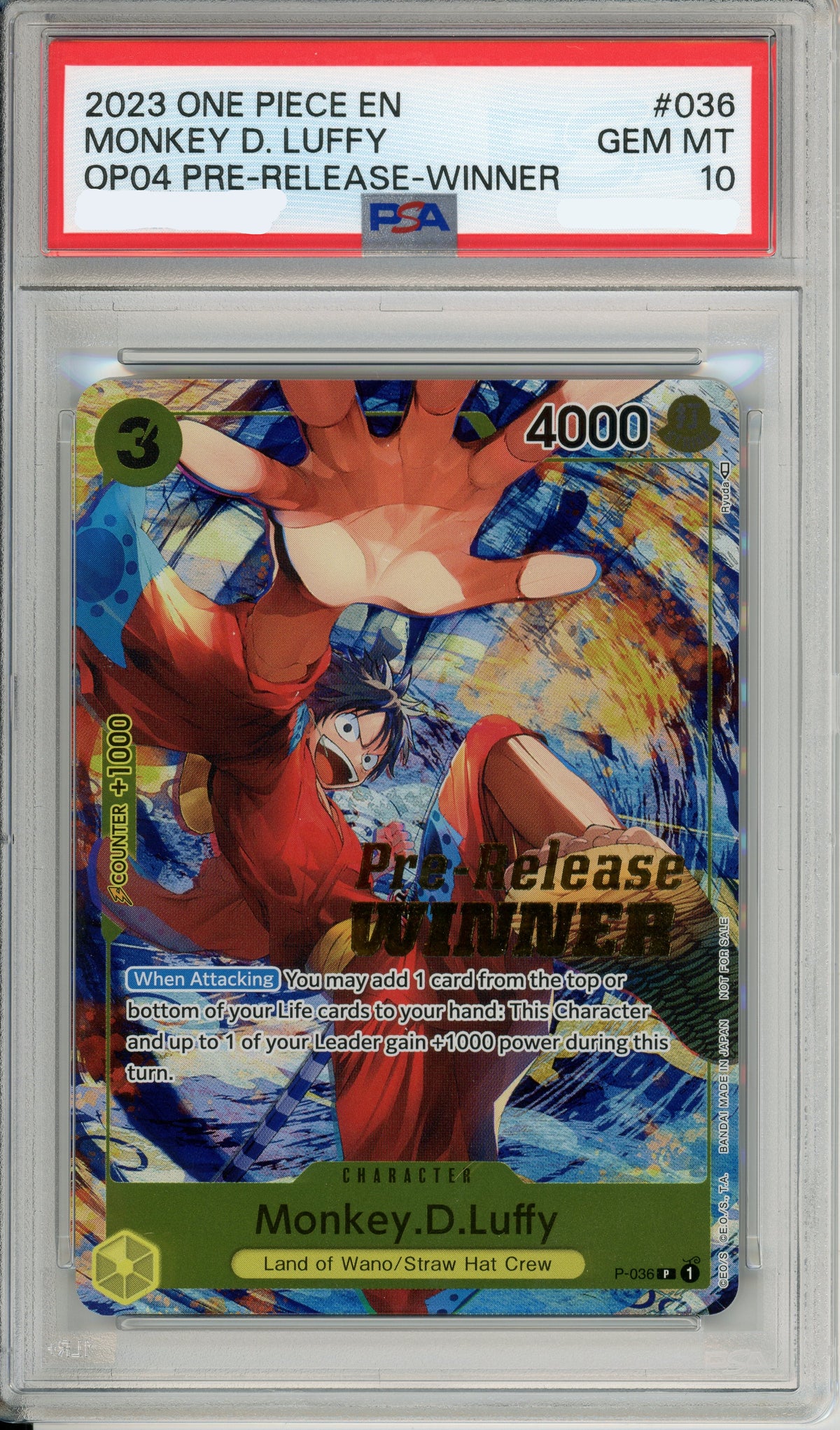 One Piece Graded: Monkey D. Luffy P-036 Pre-Release Winner PSA 10