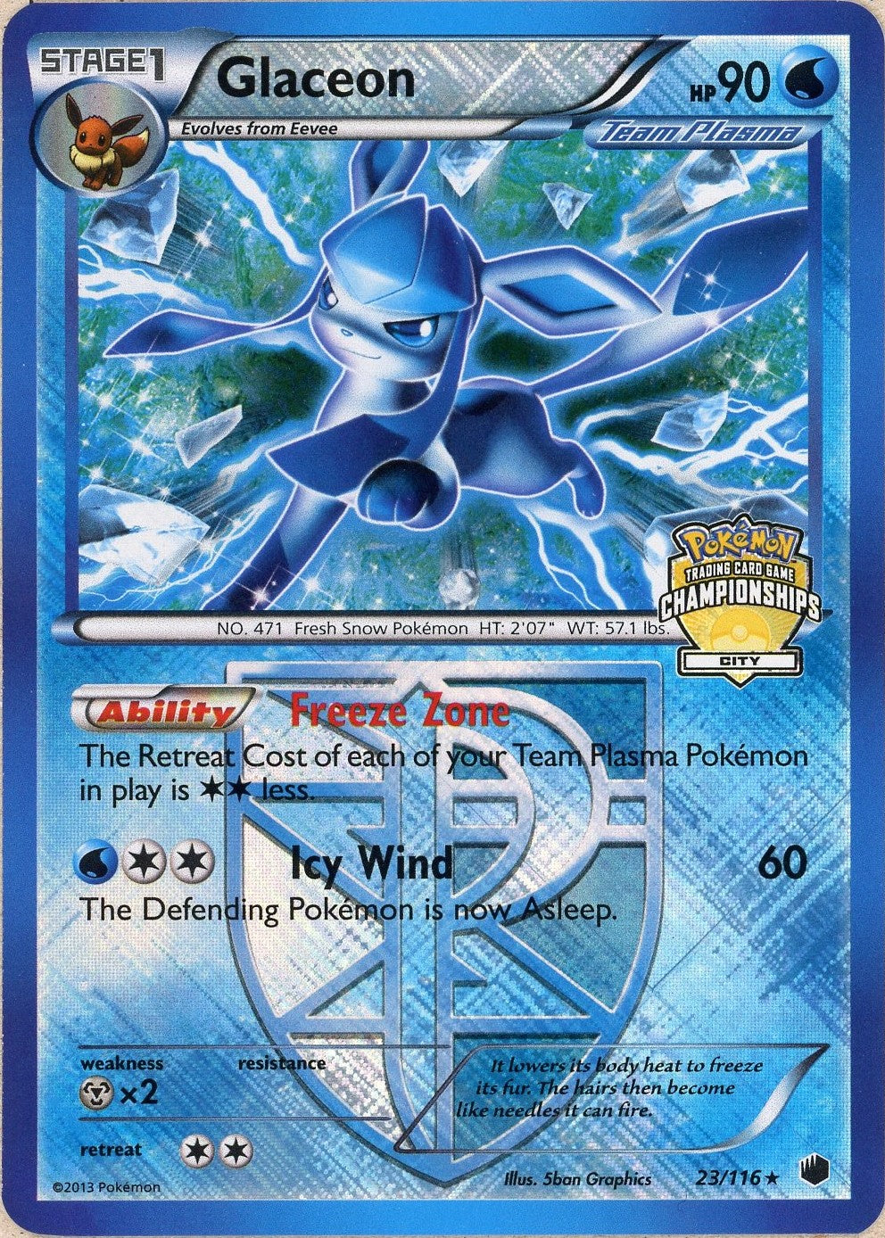 Pokemon Single: Glaceon 23/116 Pokemon TCG Championships (2013) Plasma Holo Stamped NM