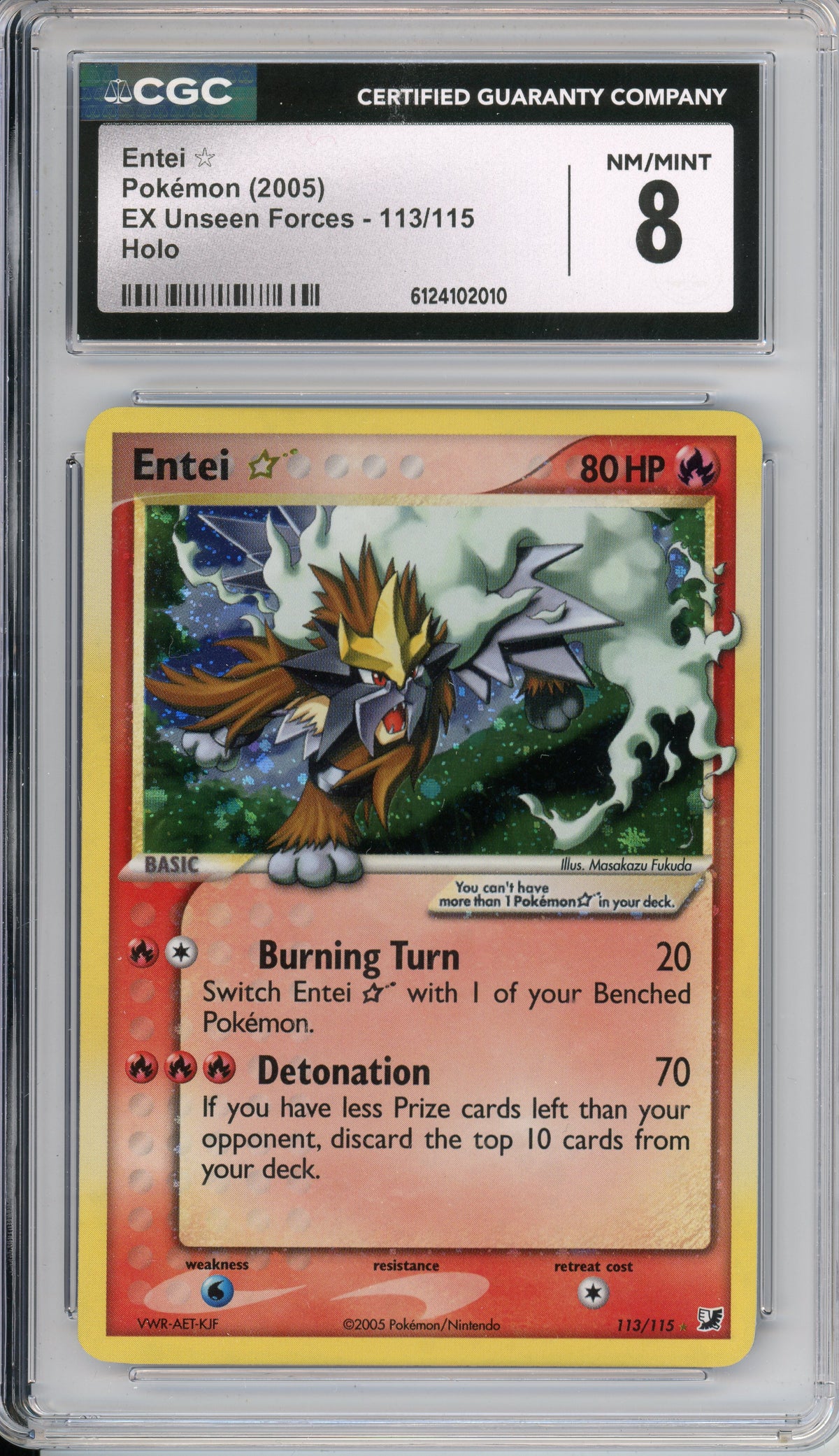 Pokemon Graded: Entei Gold Star 113/115 EX Unseen Forces (2005) Holo CGC 8