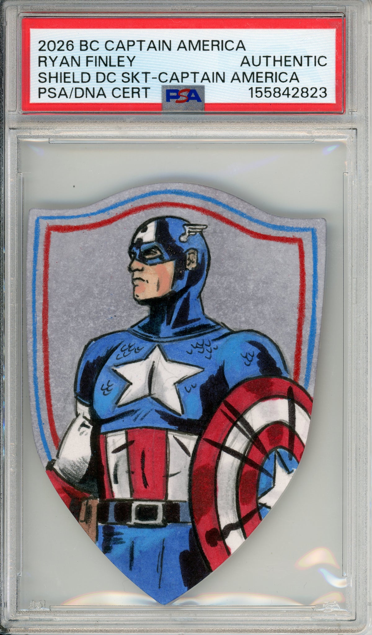 Shield Diecut Sketch Card: Signed Captain America Ryan Finley Authentic PSA/DNA Certified