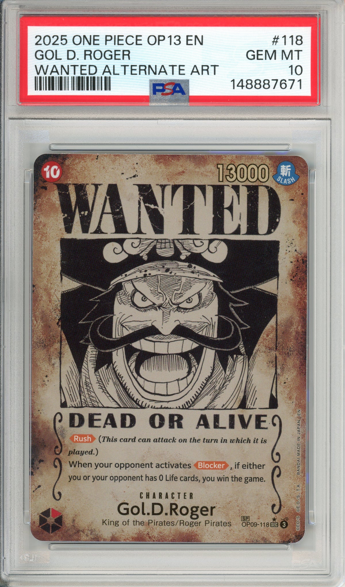 One Piece Graded: Gol D. Roger Wanted Poster OP09-118 Carrying On His Will PSA 10