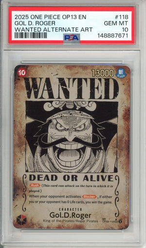 One Piece Graded: Gol D. Roger Wanted Poster OP09-118 Carrying On His Will PSA 10