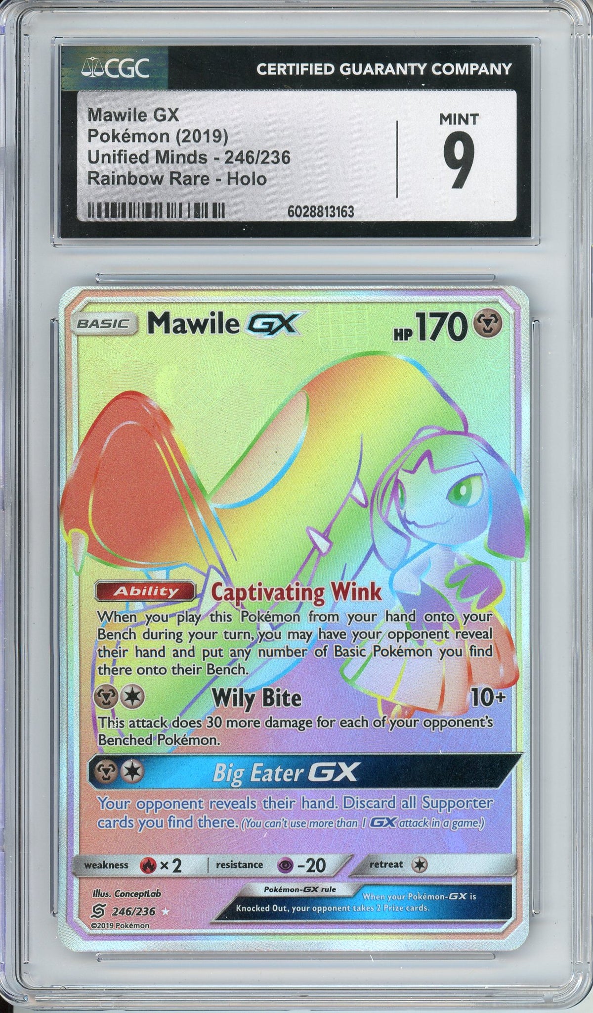 Pokemon Graded: Mawvile GX 246/236 Unified Minds (2019) Rainbow Rare Holo CGC 9