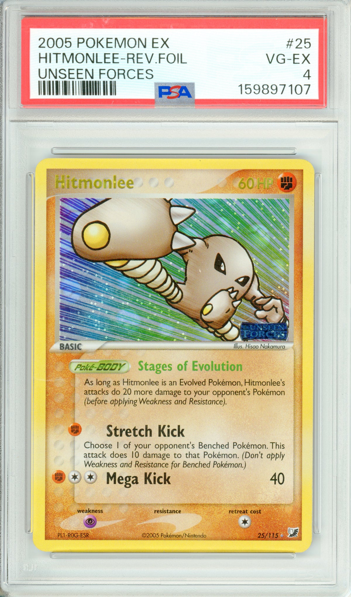 Pokemon Graded: Hitmonlee 25/115 Unseen Forces (2005) Rev. Foil PSA 4