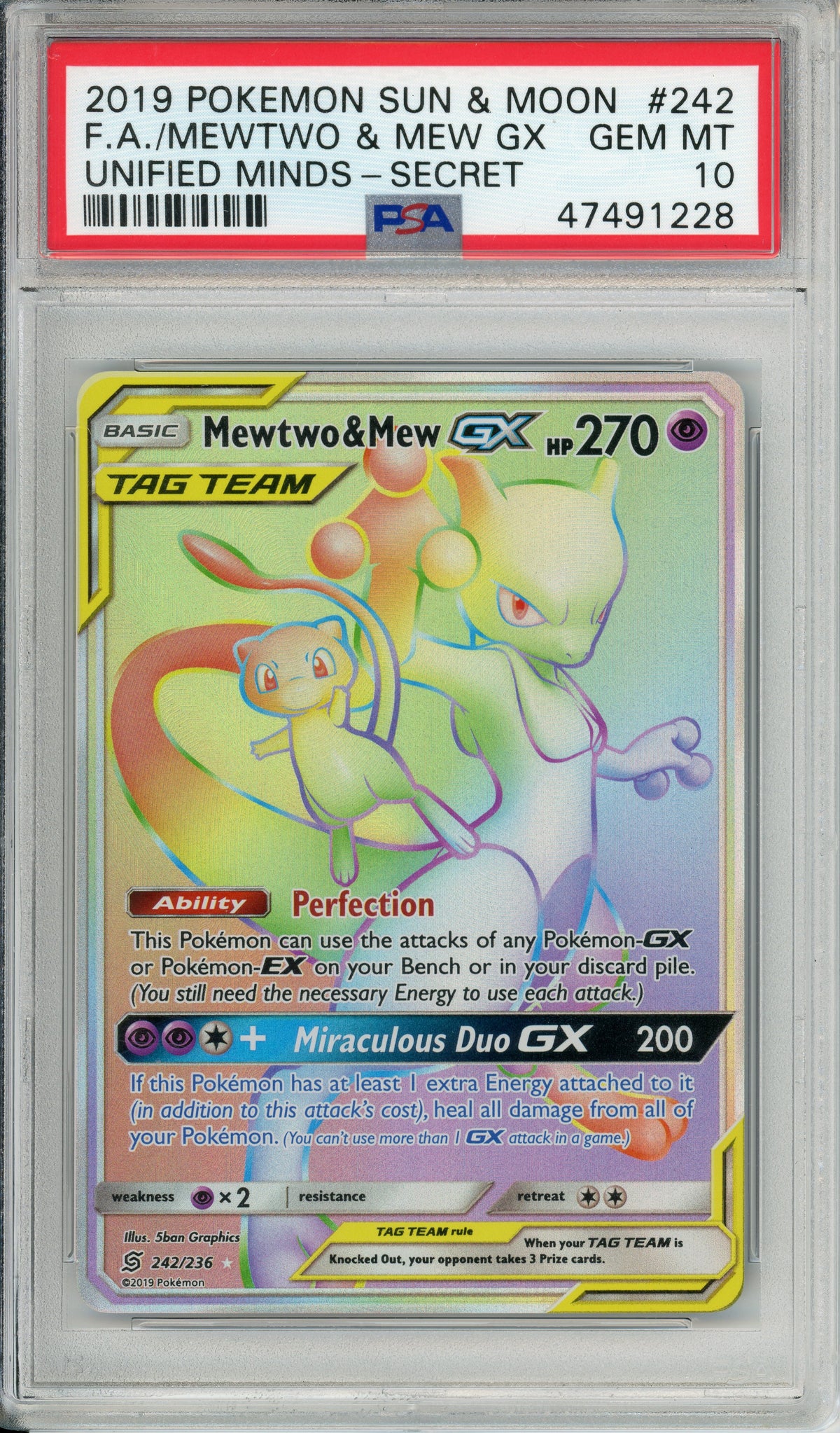 Pokemon Graded: Mewtwo & Mew GX #242 Unified Minds (2019) FA PSA 10