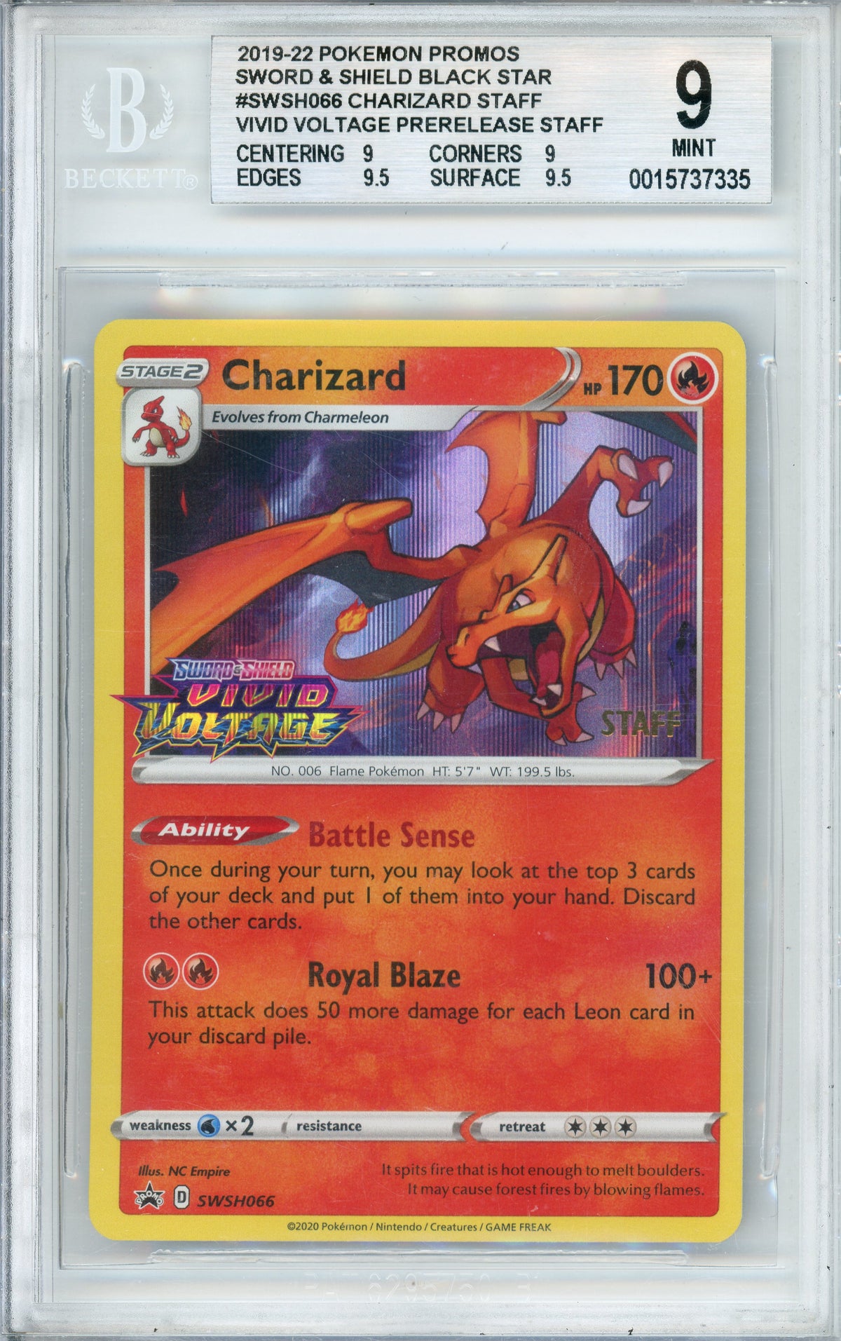 Pokemon Graded: Charizard #SWSH066 Prerelease Staff Promo (2020) Beckett 9