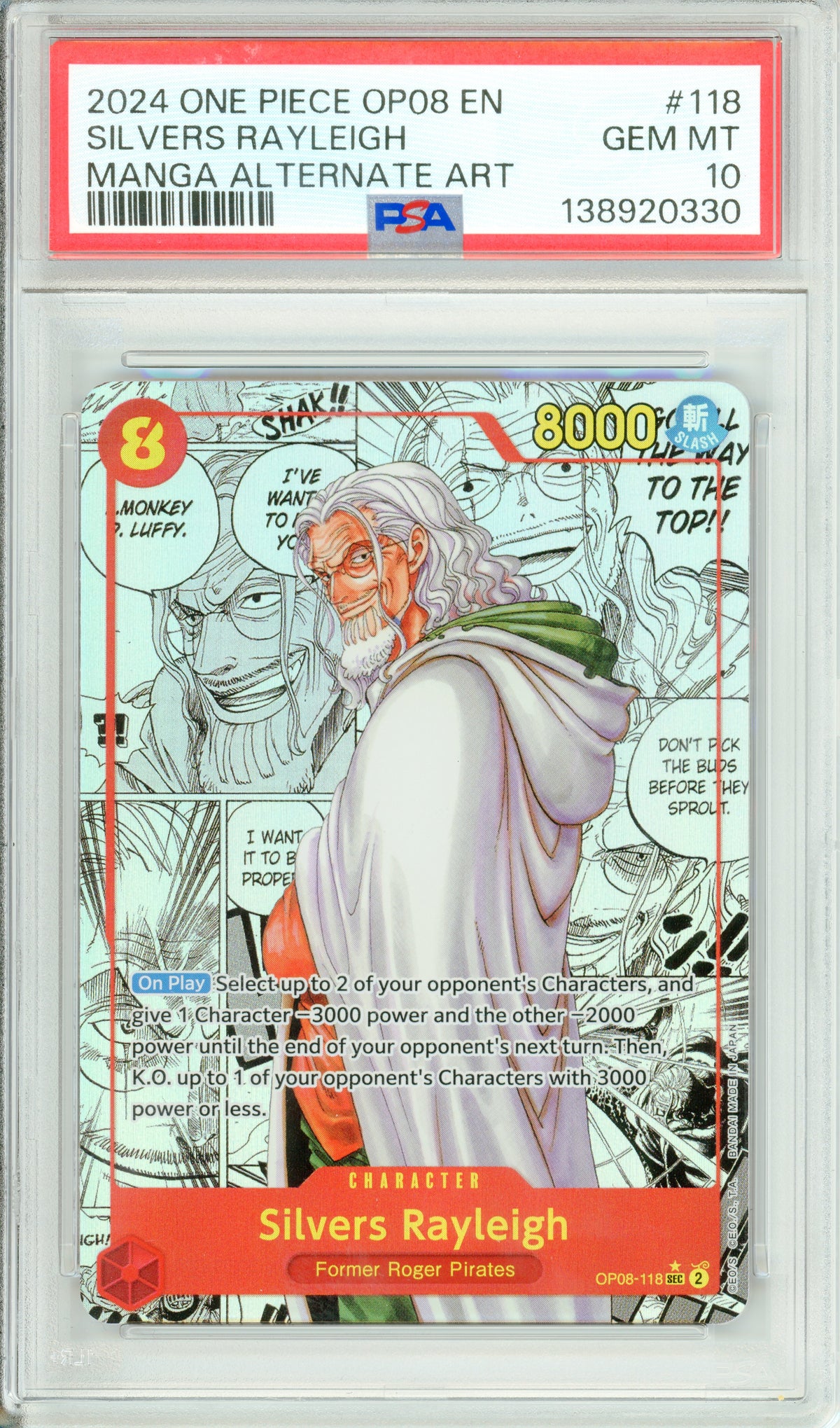 One Piece Graded: SIlvers Rayleigh OP08-118 Manga Alternate Art (2024) PSA 10