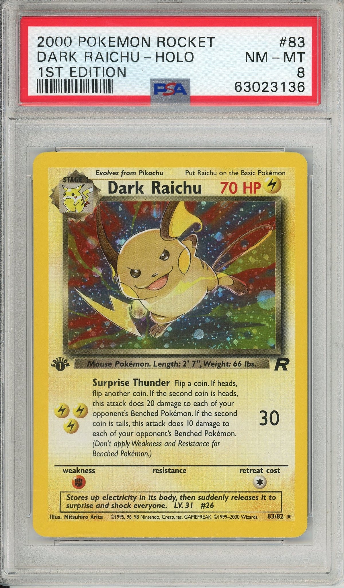 Pokemon Graded: Dark Raichu 1st Edition 83/82 Team Rocket (2000) Holo PSA 8