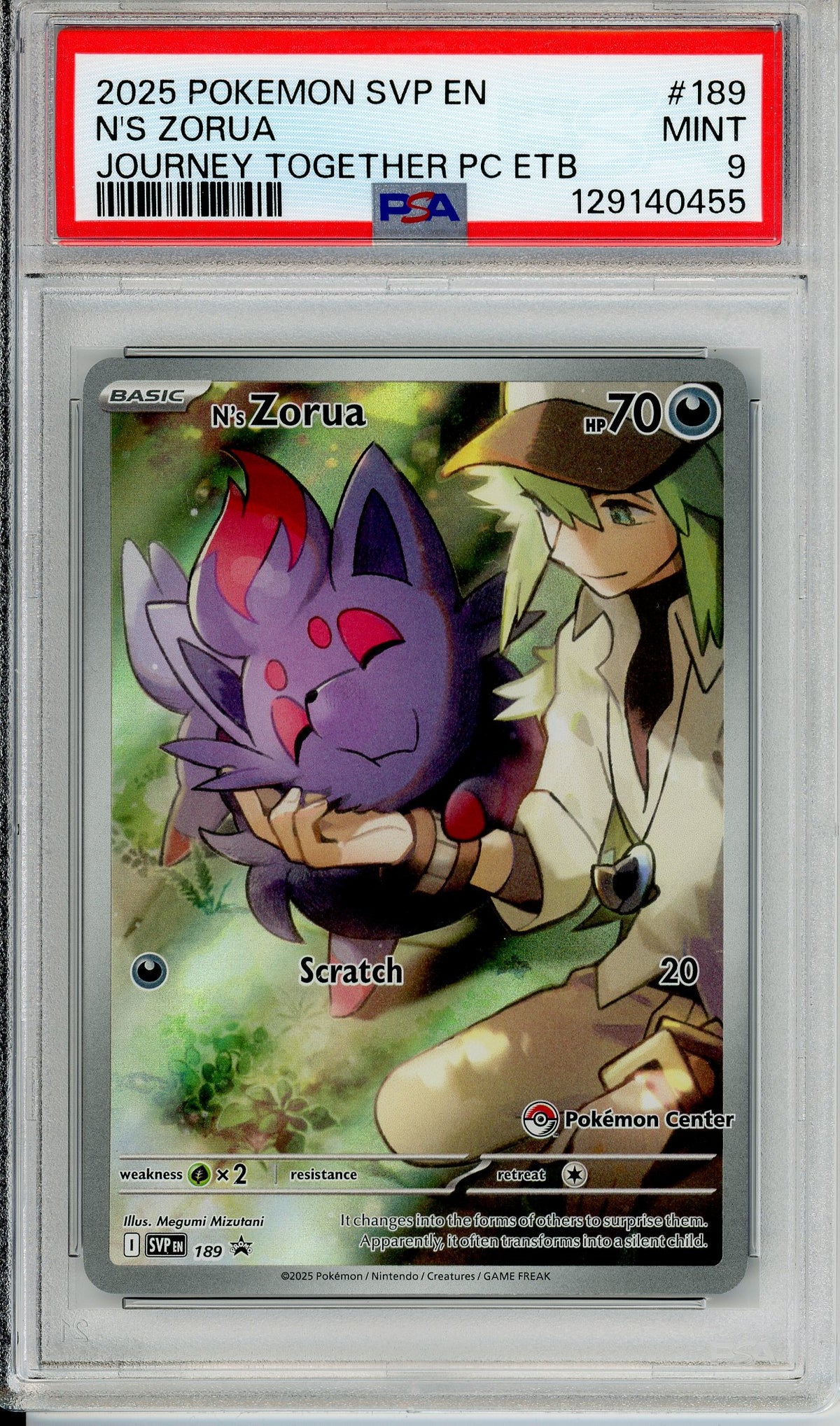 Pokemon Graded: N's Zorua Scarlet and Violet Promo 189 (2025) Pokemon Center Stamp PSA 9