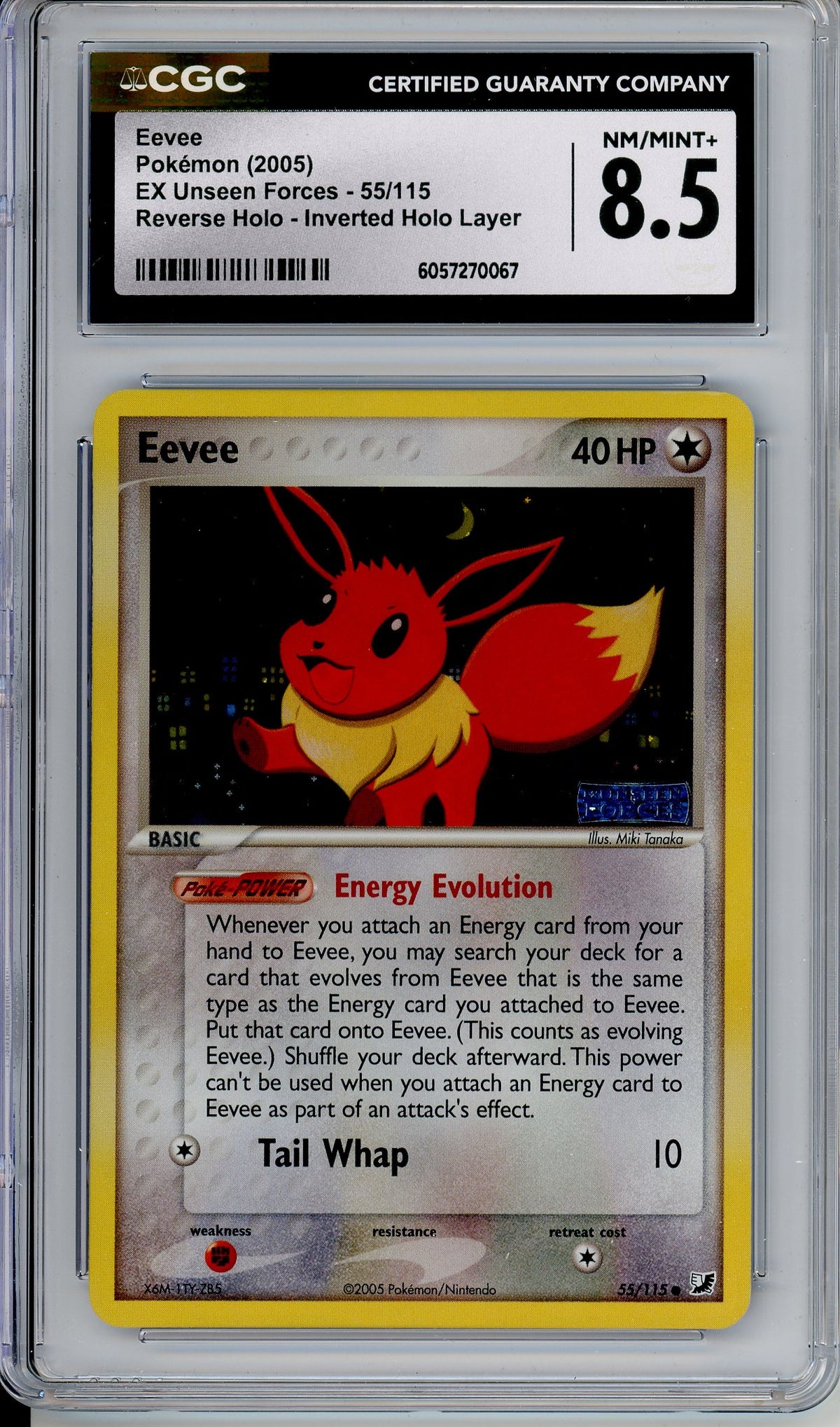 Pokemon Graded: Eevee 55/115 EX Unseen Forces (2005) Stamped Reverse Holo CGC 8.5