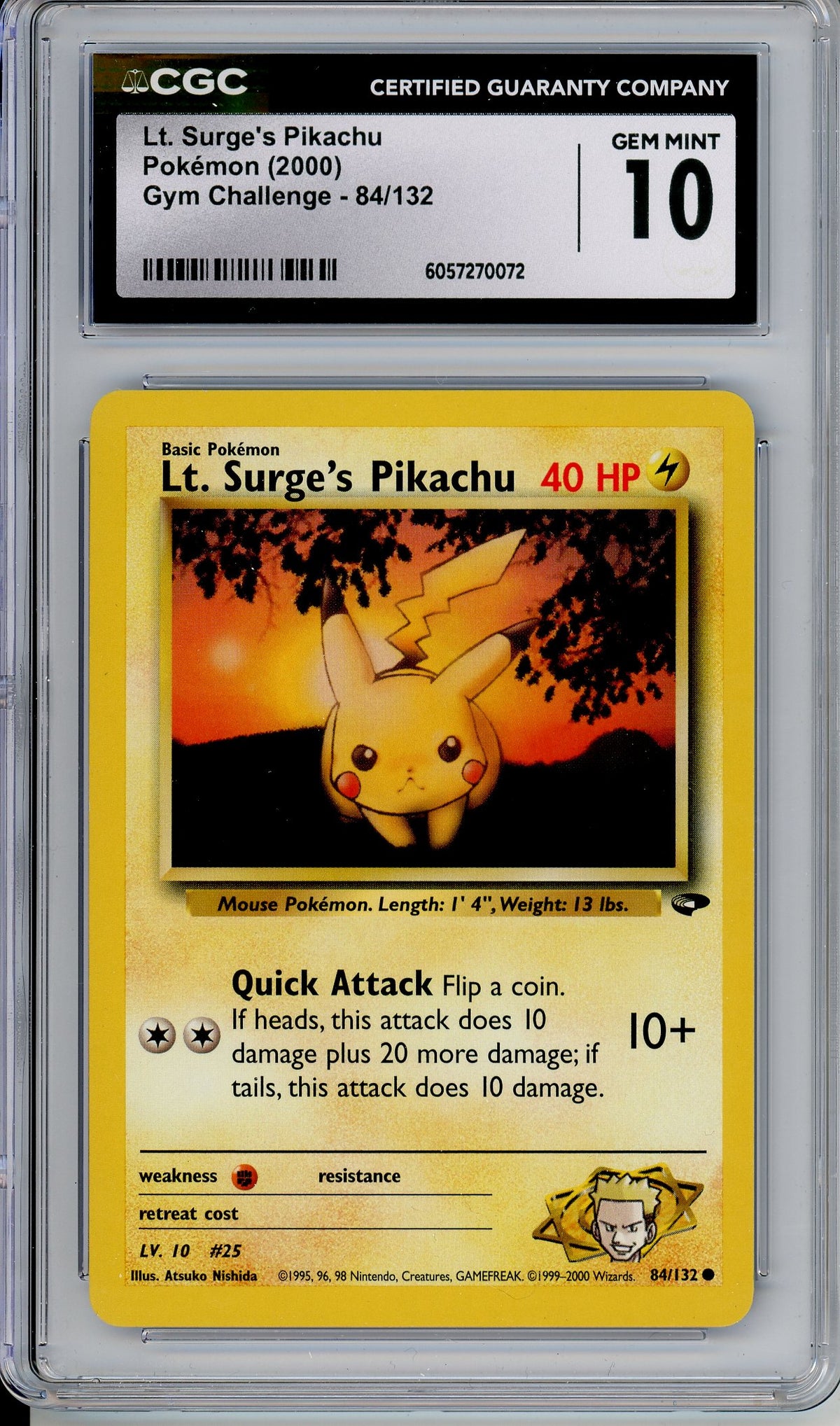 Pokemon Graded: Lt. Surge's Pikachu 84/132 Gym Challenge (2000) Common CGC 10