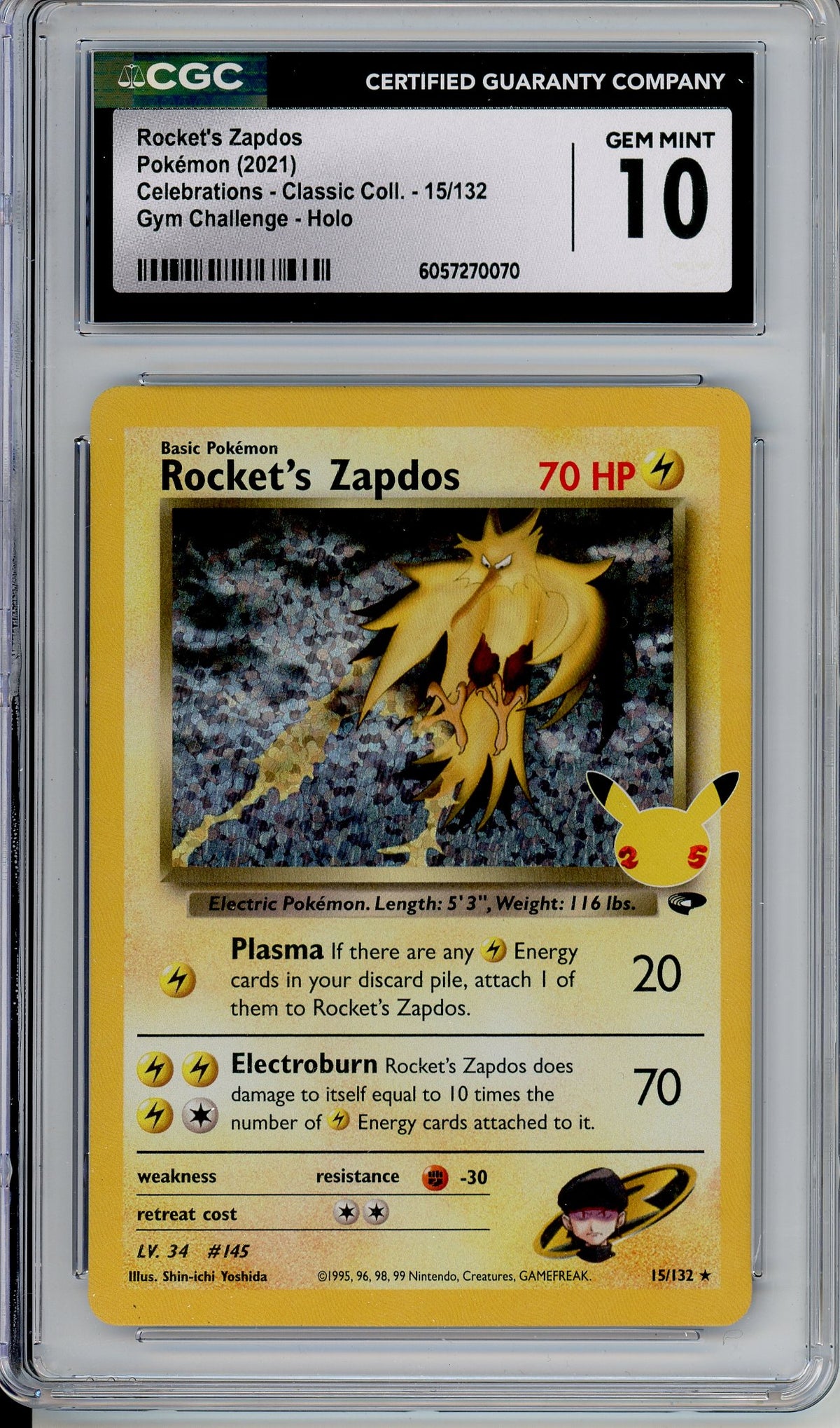 Pokemon Graded: Rocket's Zapdos 15/132 Celebrations Classic Collection (2021) Holo Rare CGC 10