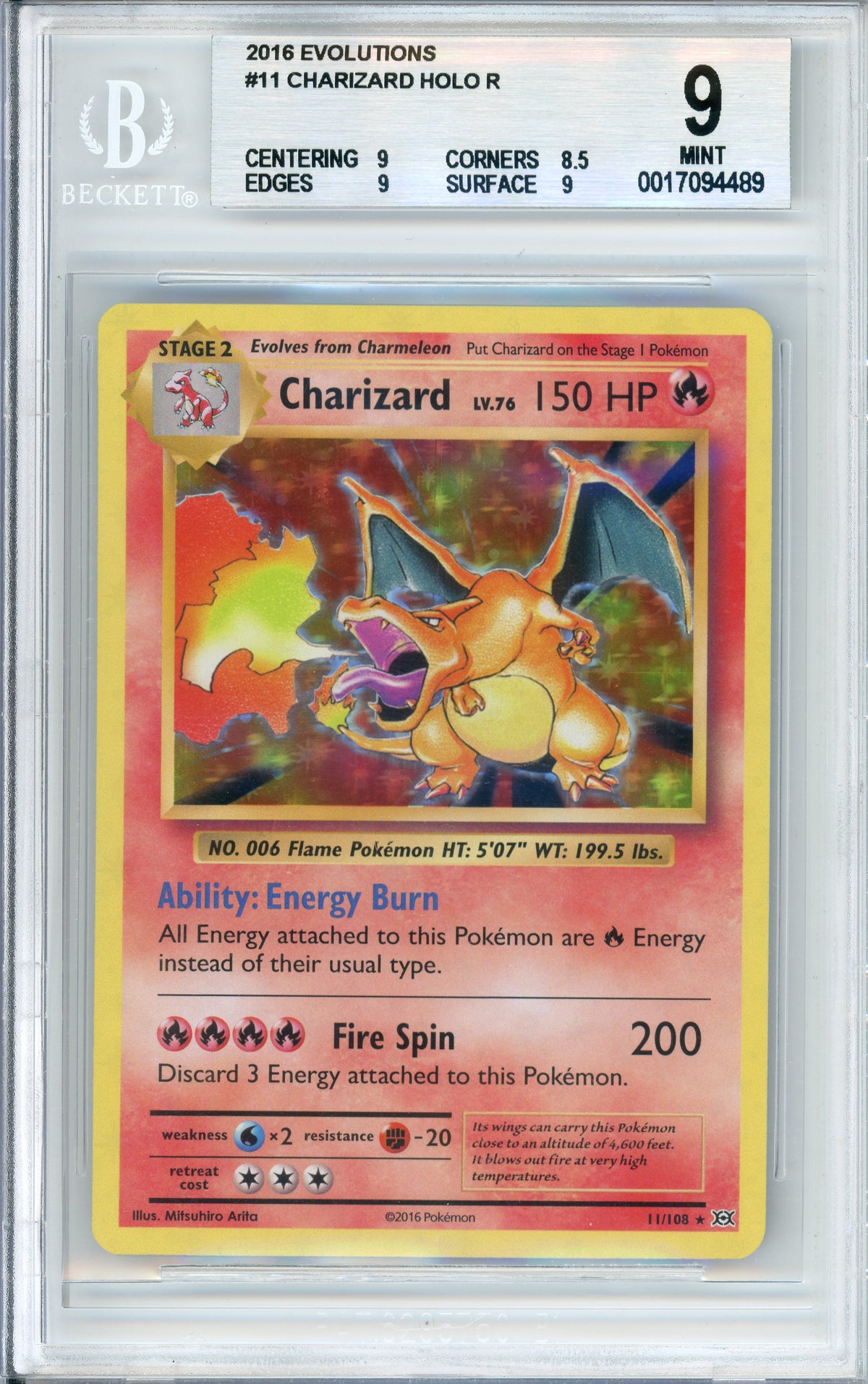 Pokemon Graded: Charizard 11/108 Evolutions (2016) Holo Beckett 9