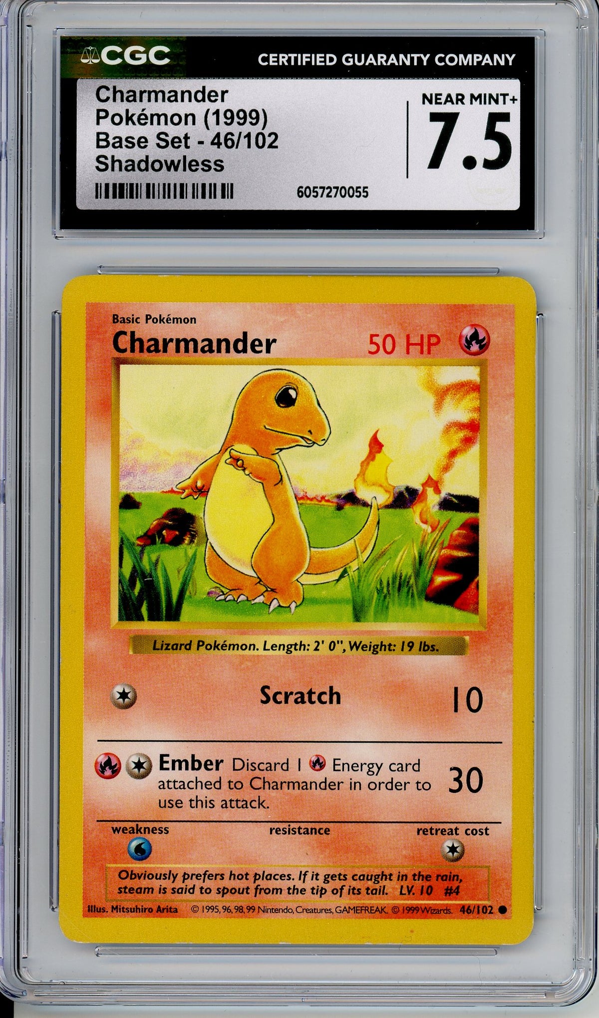 Pokemon Graded: Shadowless Charmander 46/102 Base Set (1999) Common CGC 7.5