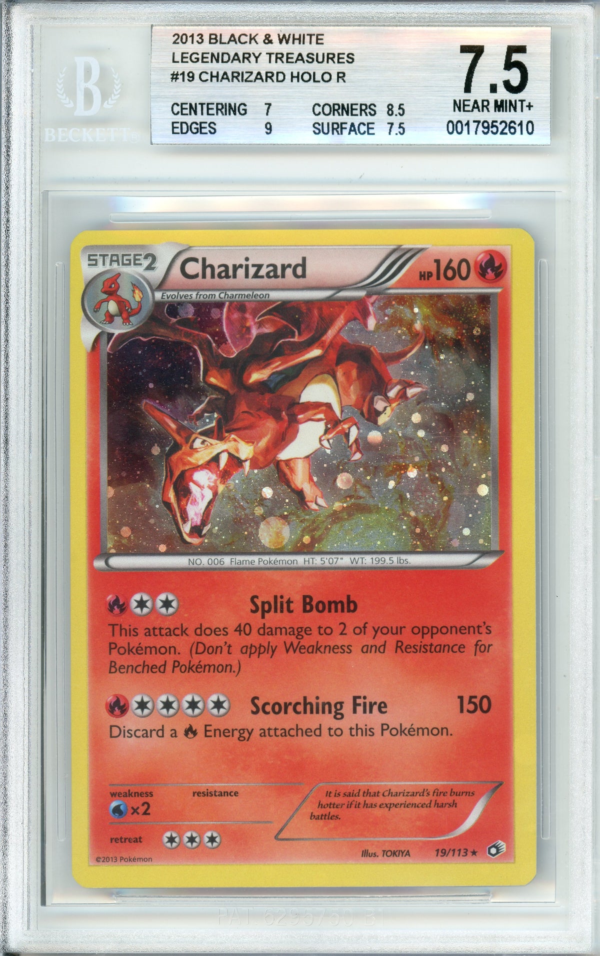Pokemon Graded: Charizard 19/113 Legendary Treasures (2013) Holo Beckett 7.5