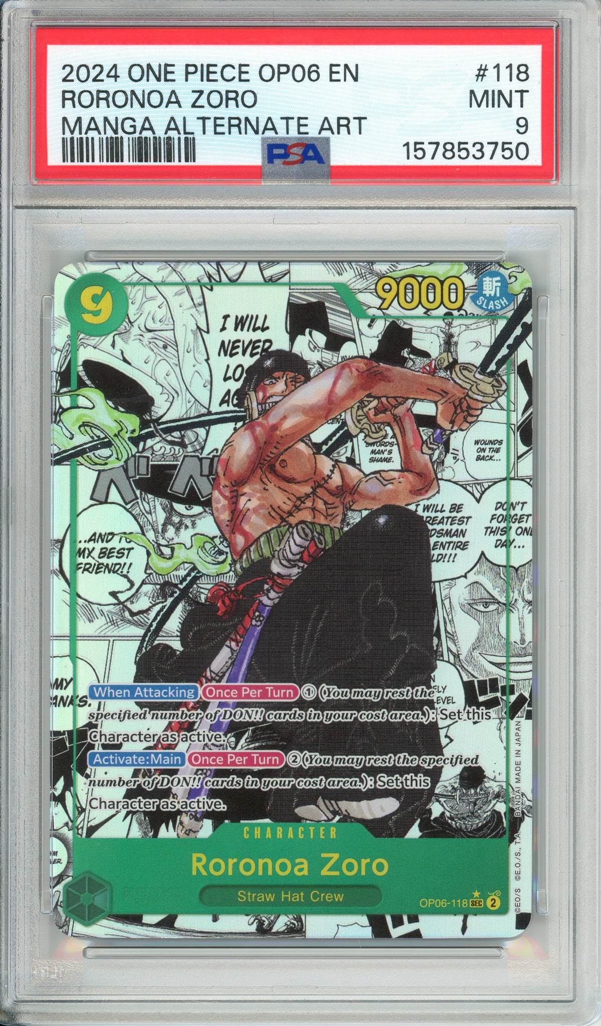 One Piece Graded: Roronoa Zoro Manga Alt Art OP06-118 Wings of the Captain PSA 9