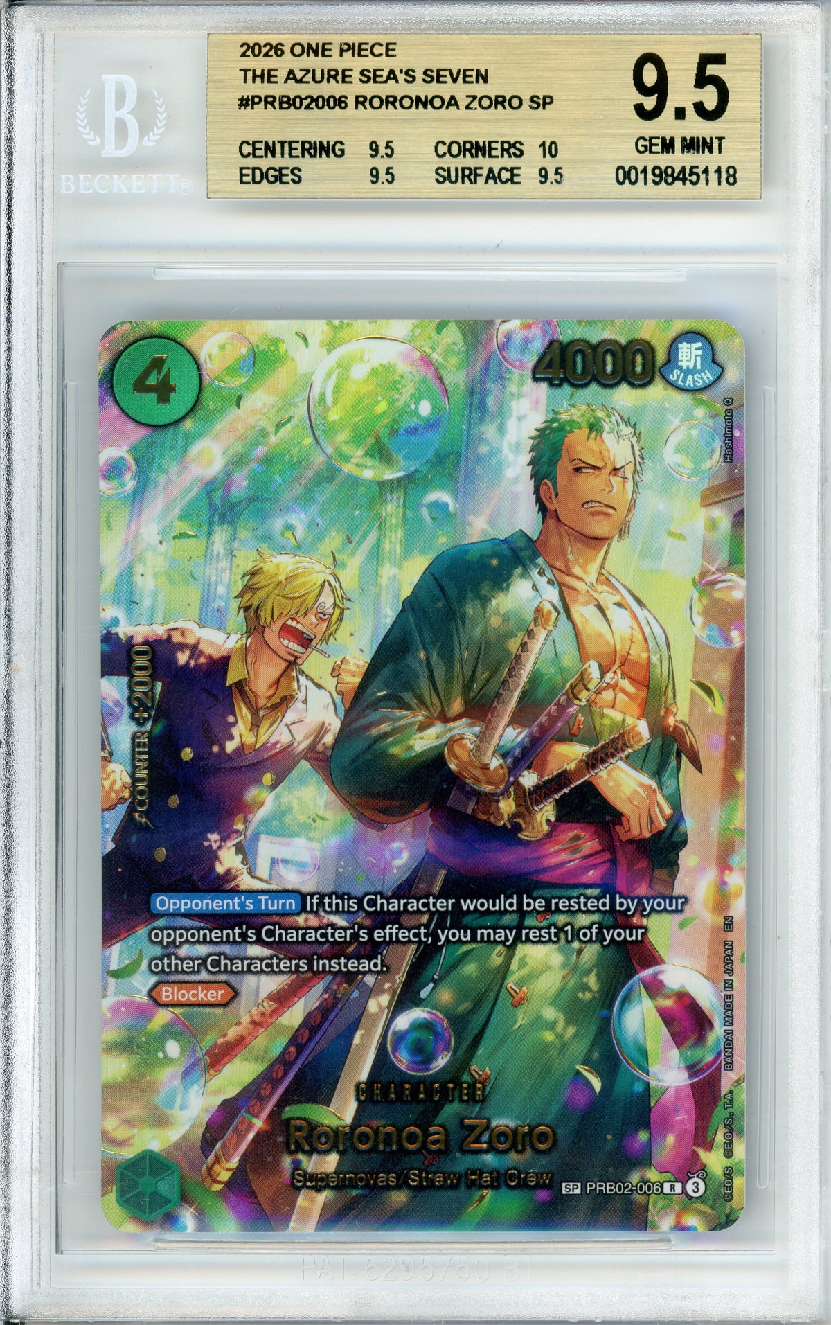 One Piece Graded: Roronoa Zoro PRB02-006 The Azure Sea's Seven (2026) SP Beckett 9.5