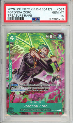 One Piece Graded: Roronoa Zoro OP15-EB04 #37 Treasure Rare (2026) PSA 10