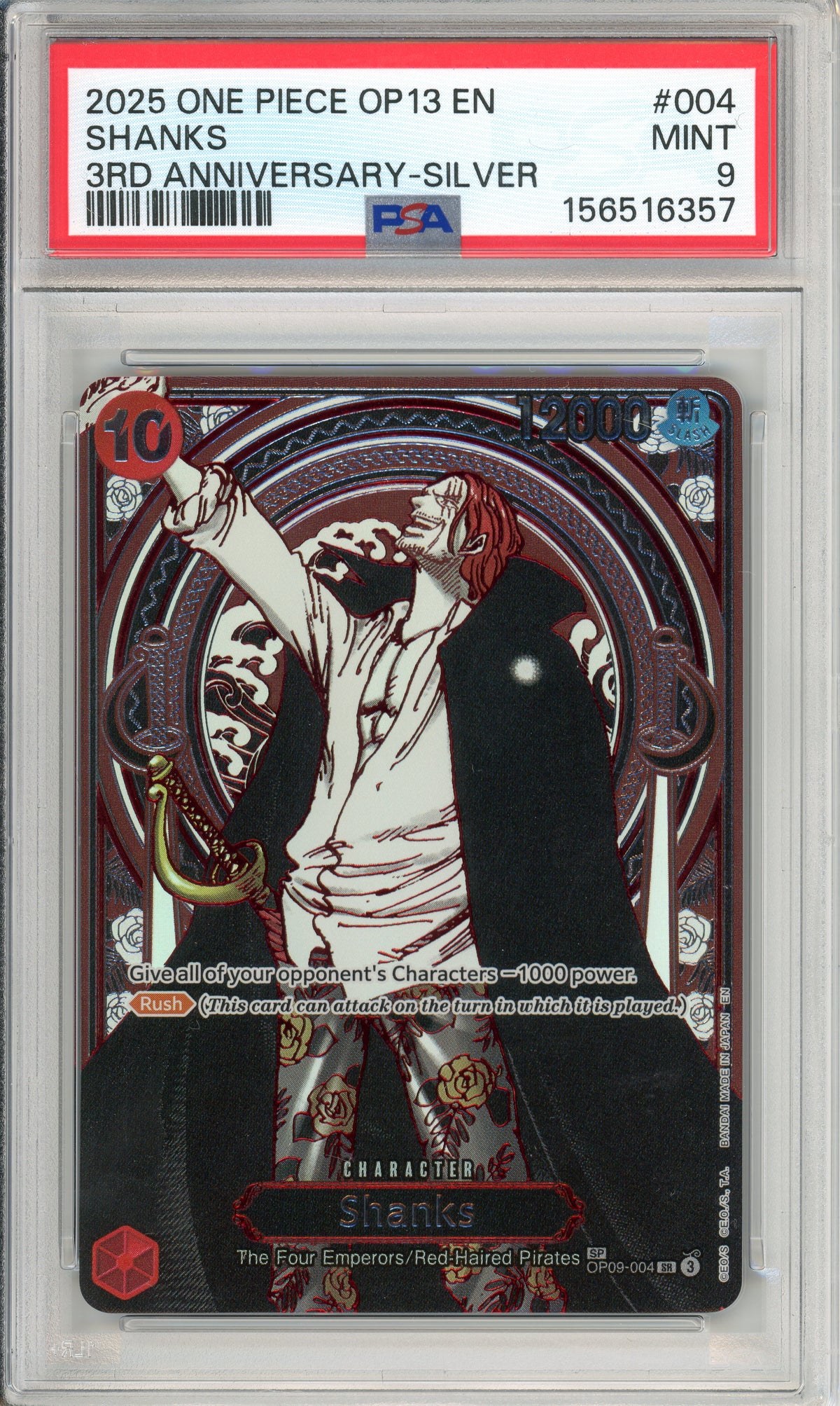 One Piece Graded: Shanks #4 OP13 3rd Anniversary Silver (2025) PSA 9